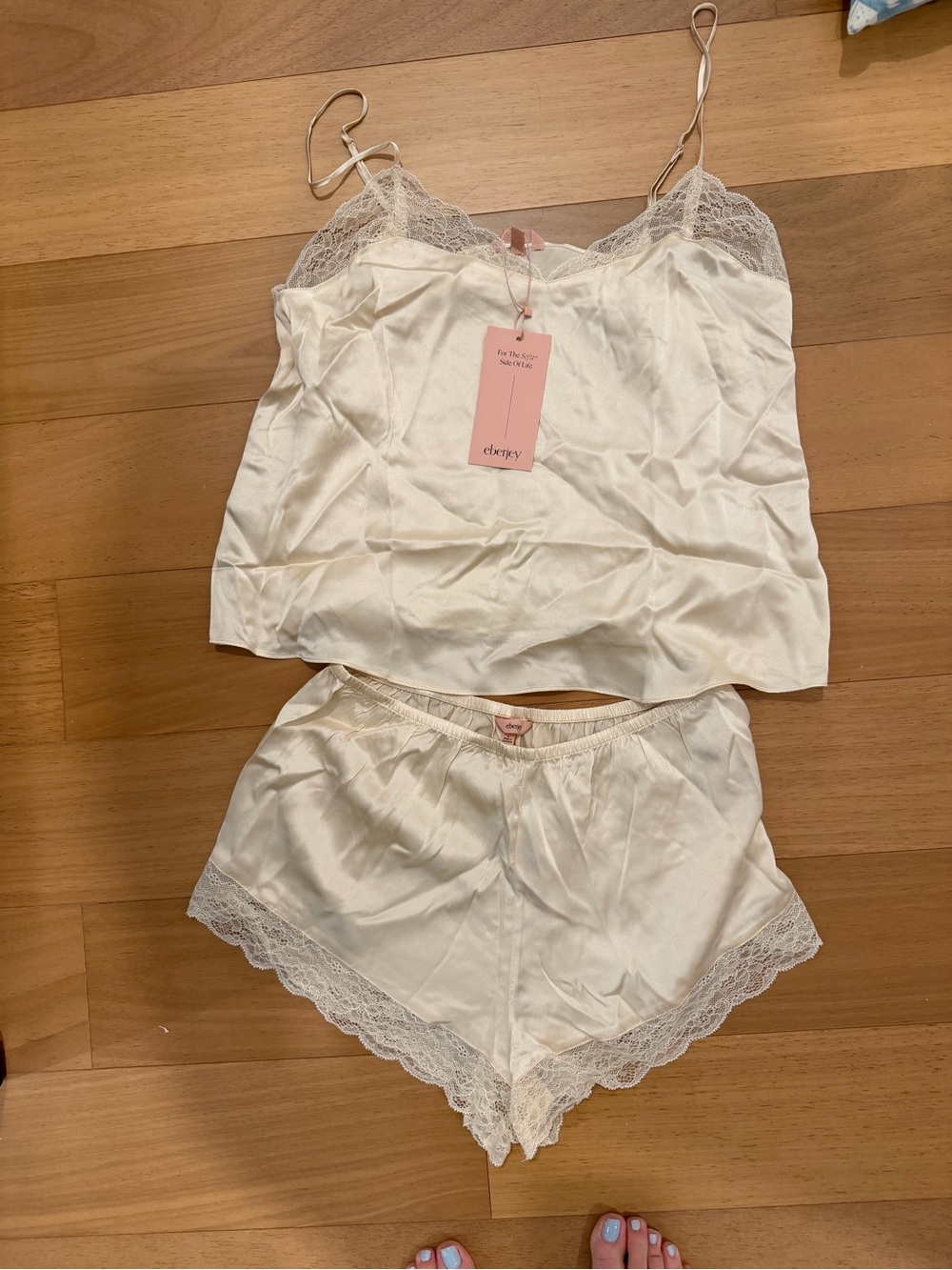 Eberjey Cream Lace-Trim Silk Camisole & Short Set